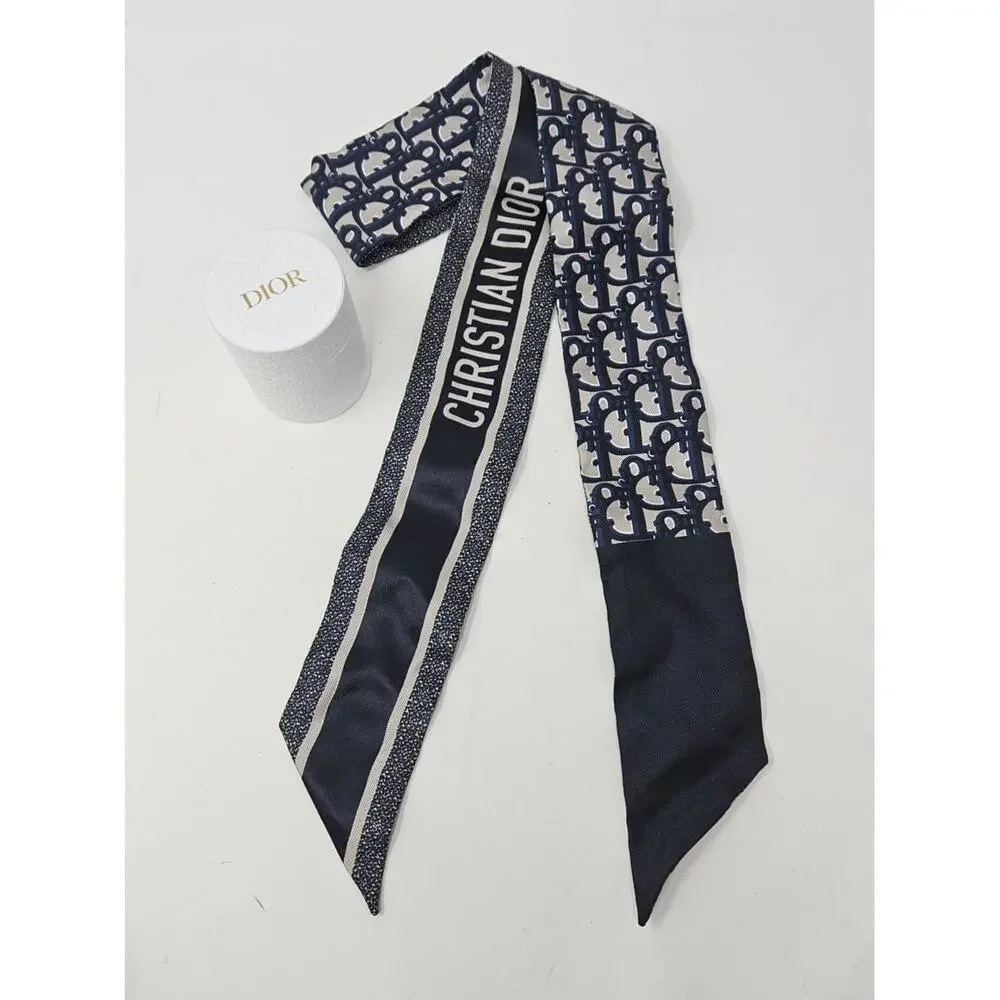 Christian Dior Blue CD Print Oblique silk skinny scarf